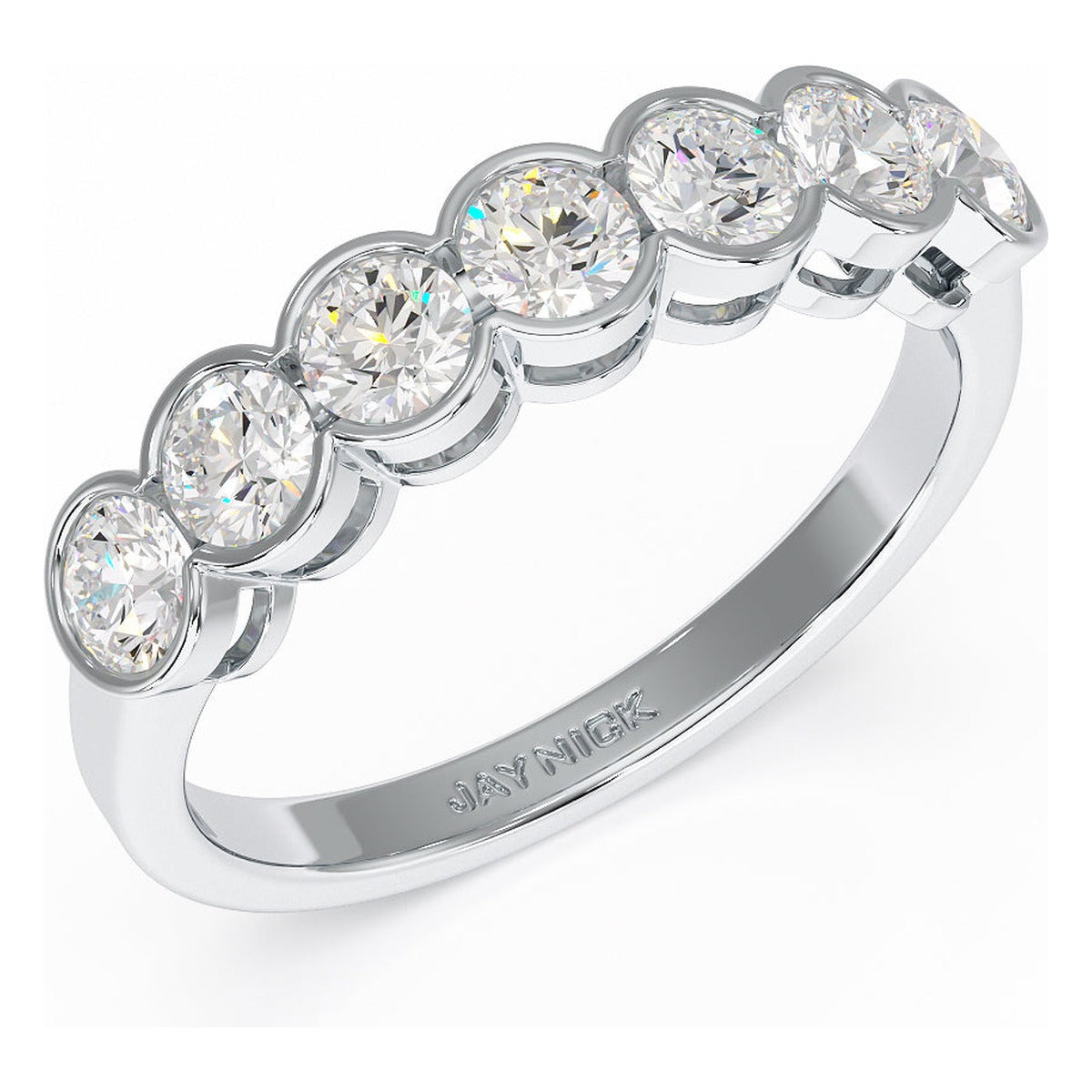 Round Cut Bezel Set Seven Stone Ring in white gold or platinum, perspective view