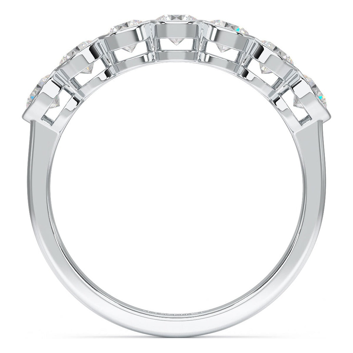 Round Cut Bezel Set Seven Stone Ring in white gold or platinum, flat view