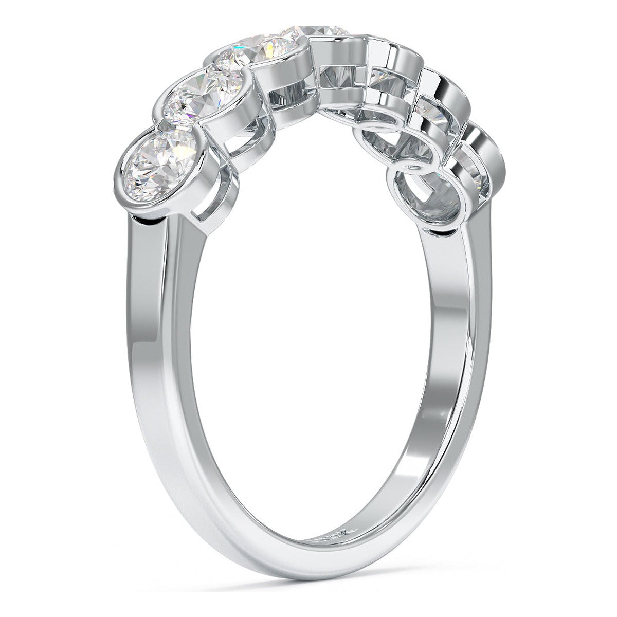 Round Cut Bezel Set Seven Stone Ring in white gold or platinum, side view