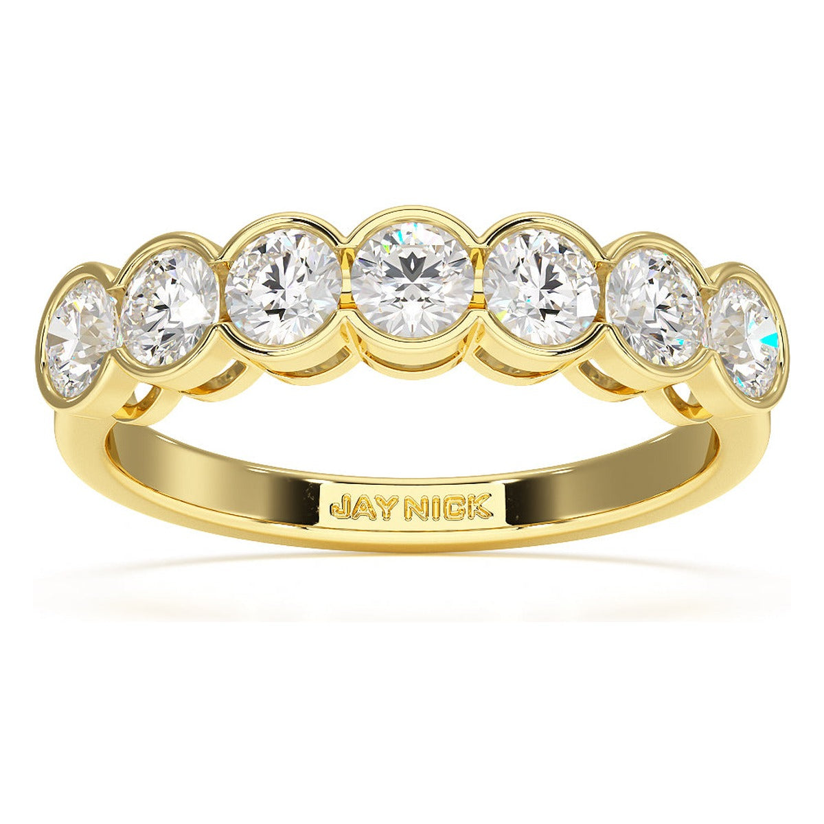 Round Cut Bezel Set Seven Stone Ring in yellow gold, top view