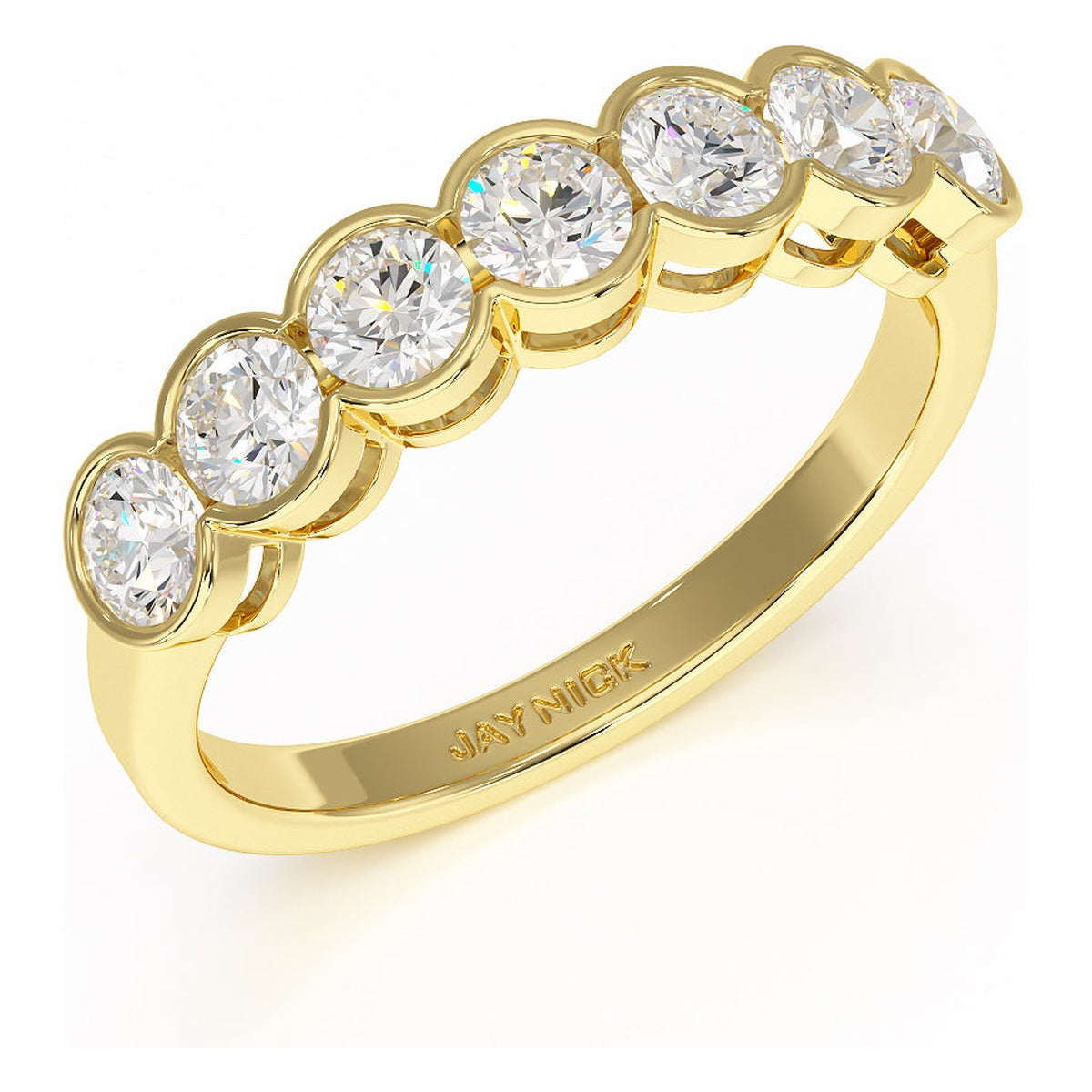 Round Cut Bezel Set Seven Stone Ring in yellow gold, perspective view