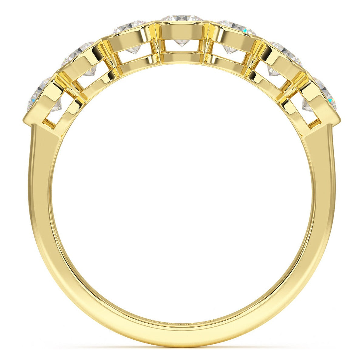 Round Cut Bezel Set Seven Stone Ring in yellow gold, flat view