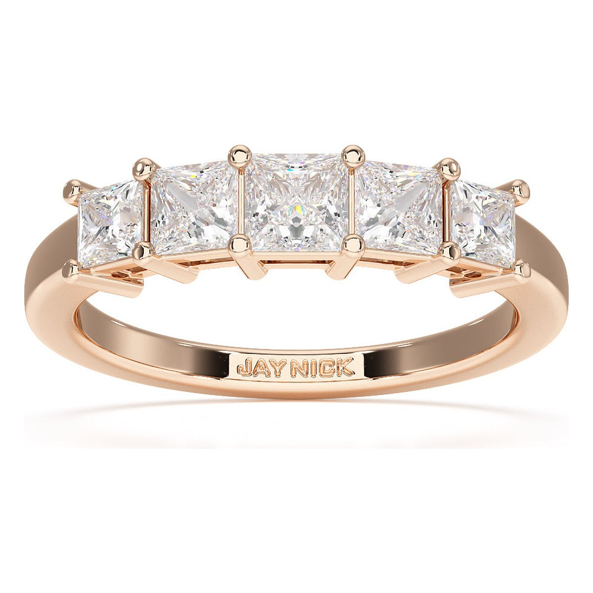 Princess Cut Five Stone Graduated Ring in rose gold, top view