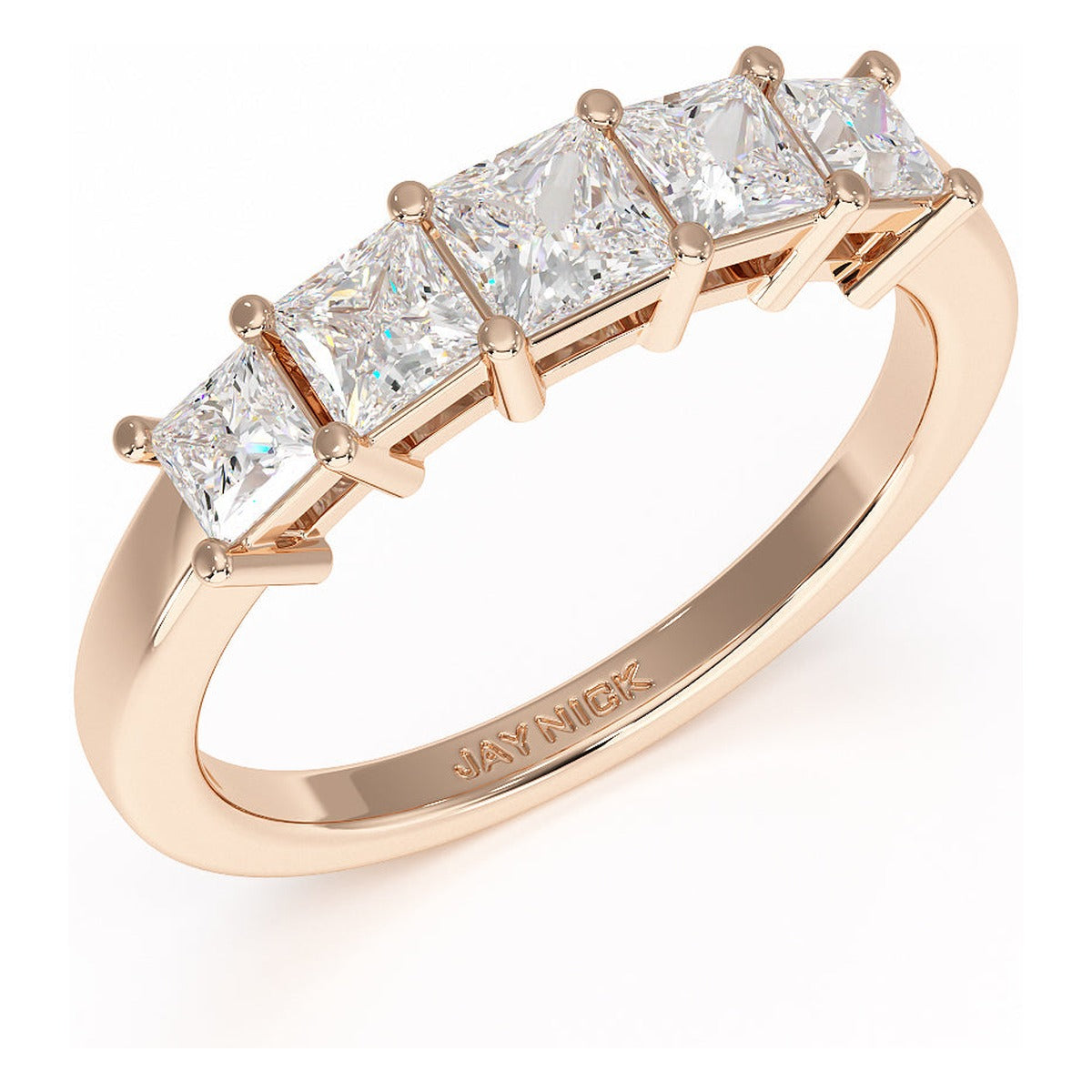 Princess Cut Five Stone Graduated Ring in rose gold, perspective view
