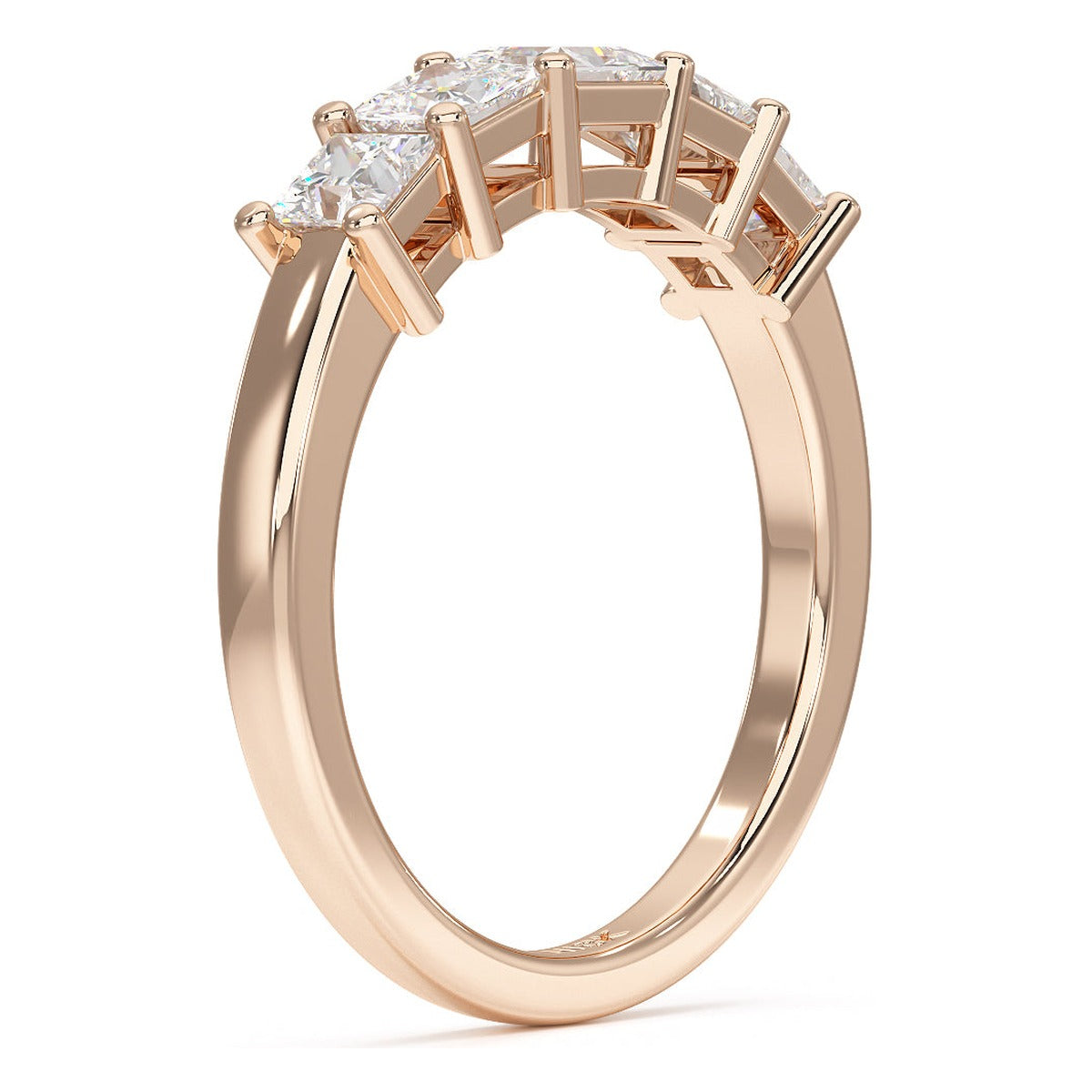 Princess Cut Five Stone Graduated Ring in rose gold, side view