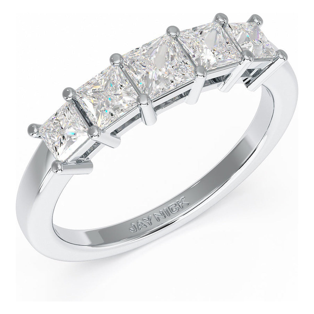 Princess Cut Five Stone Graduated Ring in white gold or platinum, perspective view