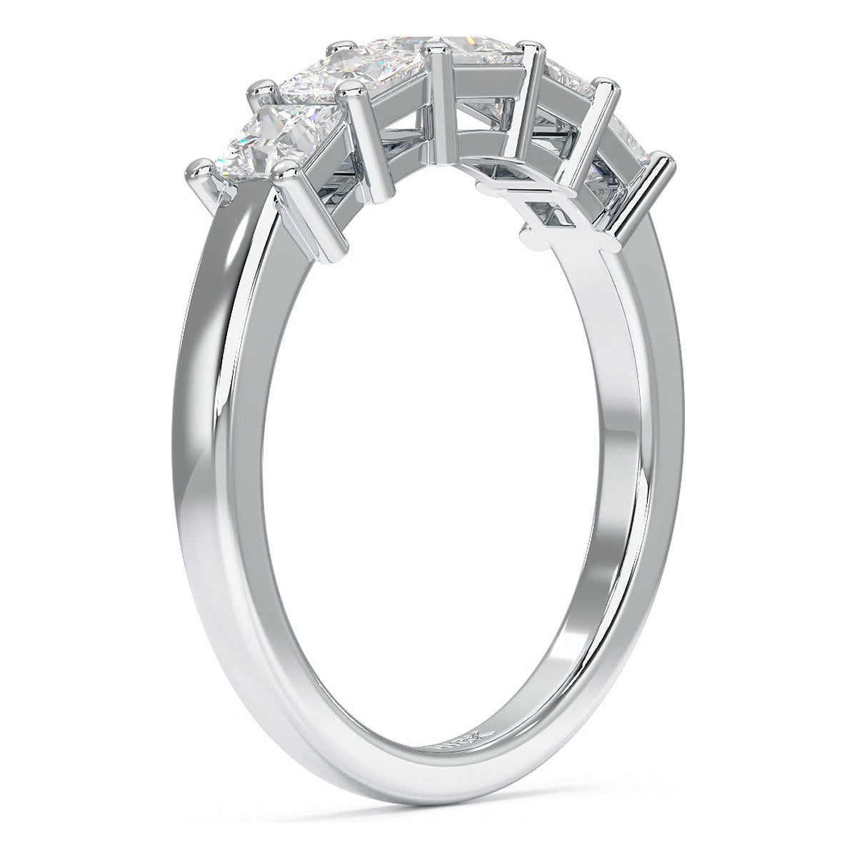 Princess Cut Five Stone Graduated Ring in white gold or platinum, side view