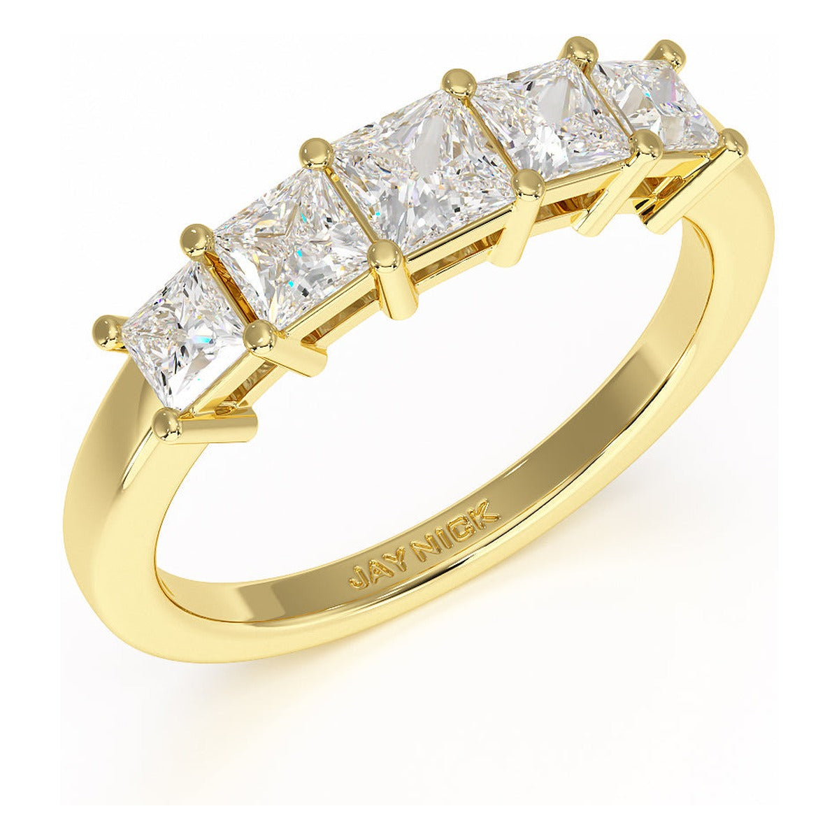 Princess Cut Five Stone Graduated Ring in yellow gold, perspective view