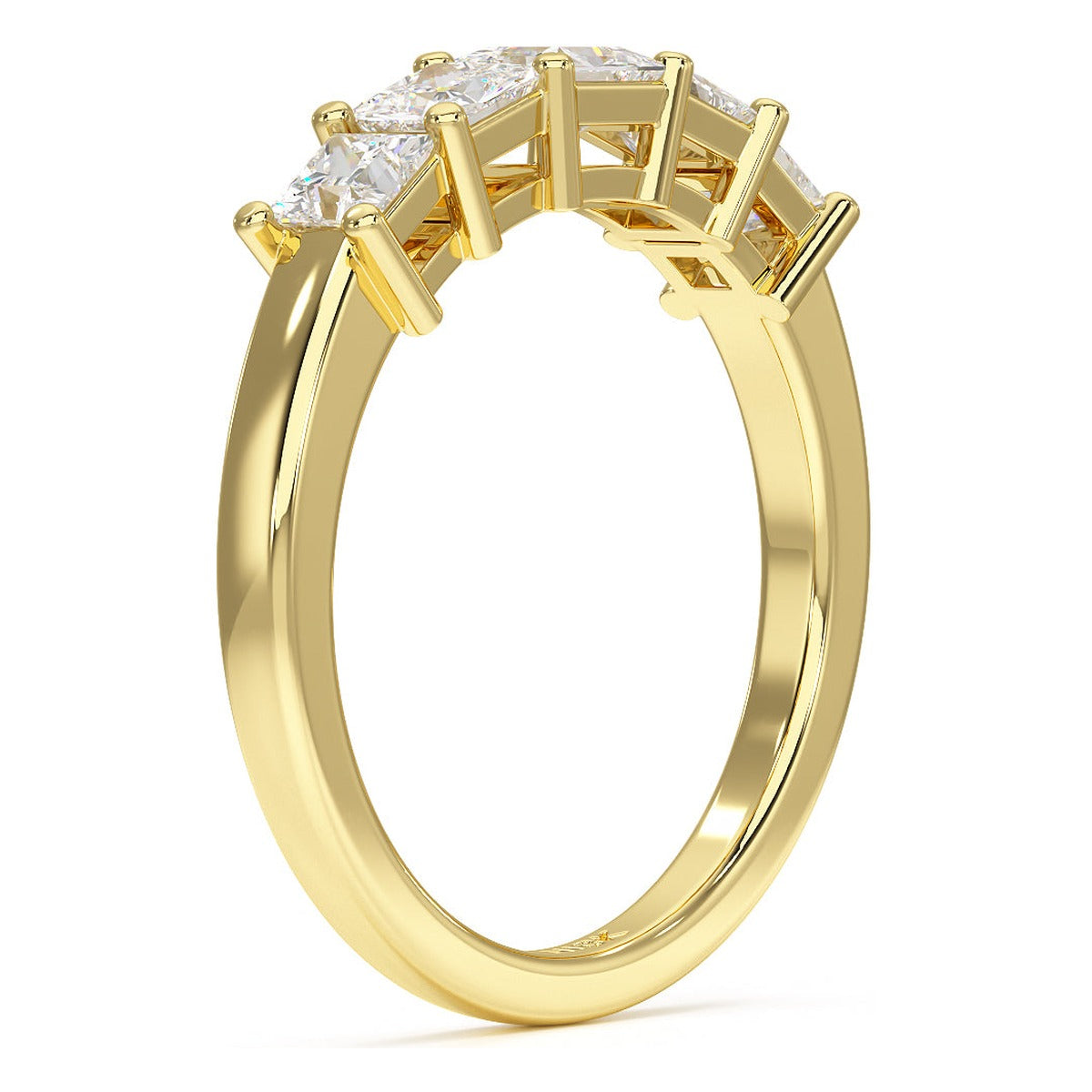 Princess Cut Five Stone Graduated Ring in yellow gold, side view