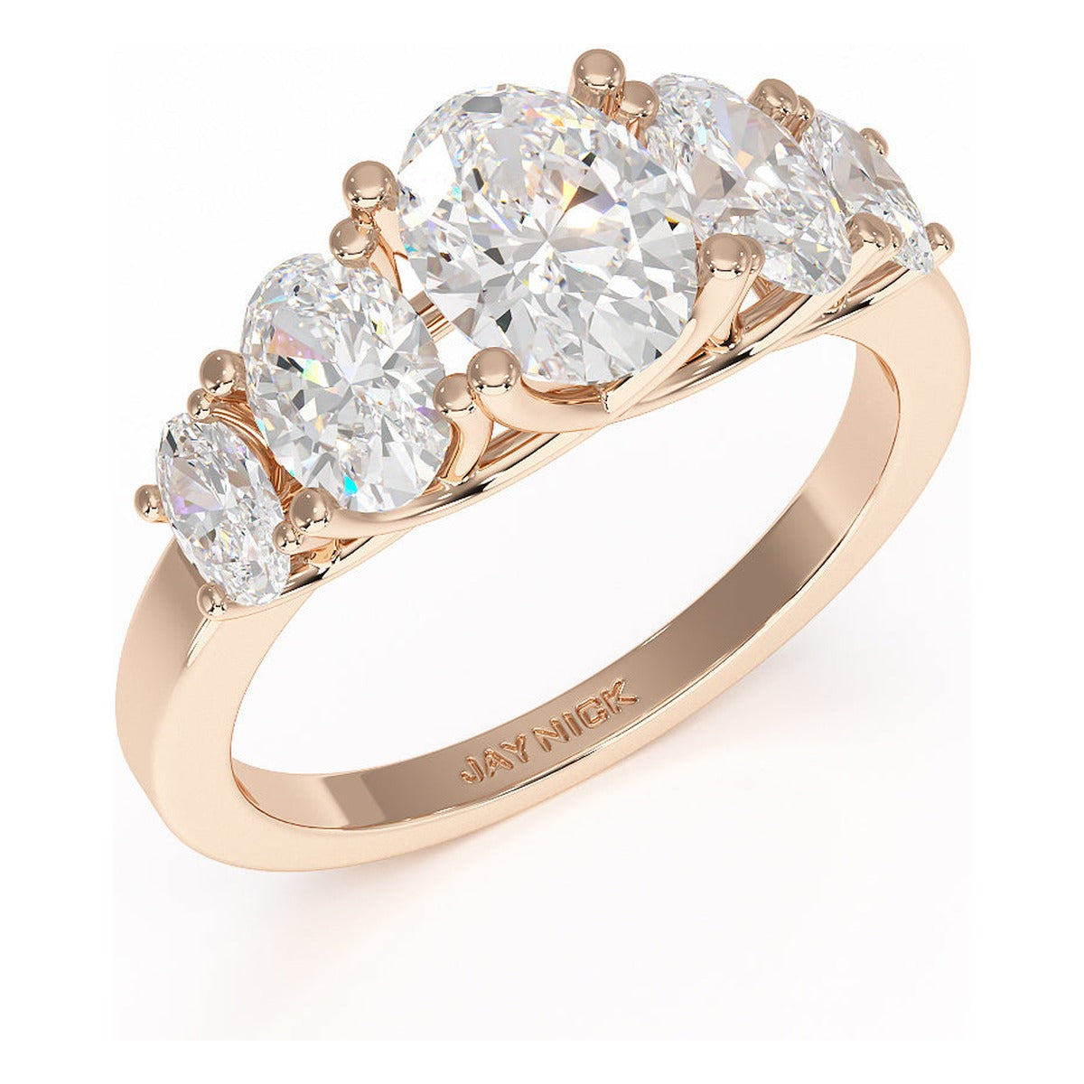 Oval Cut Five Stone Graduated Ring in rose gold, perspective view