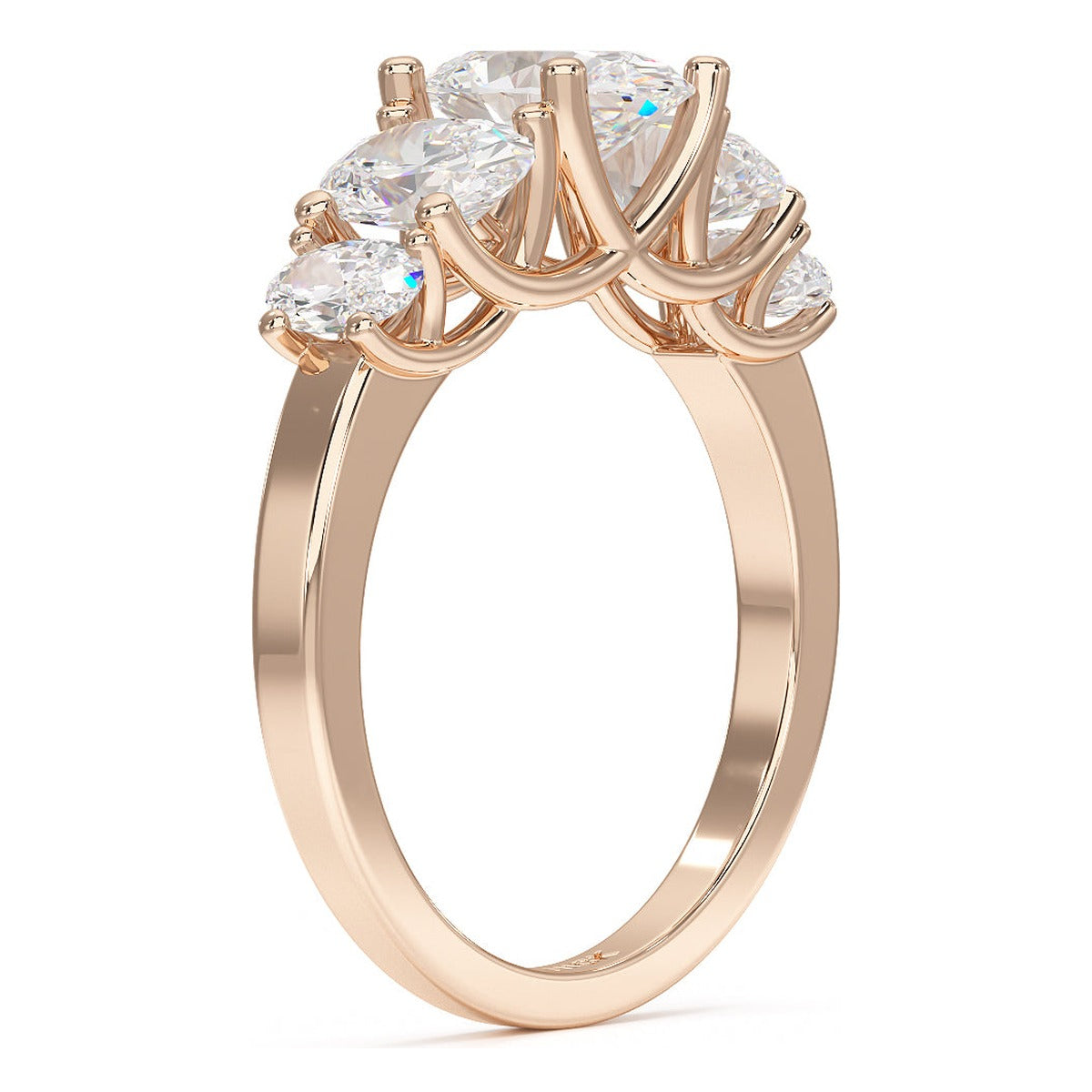 Oval Cut Five Stone Graduated Ring in rose gold, side view