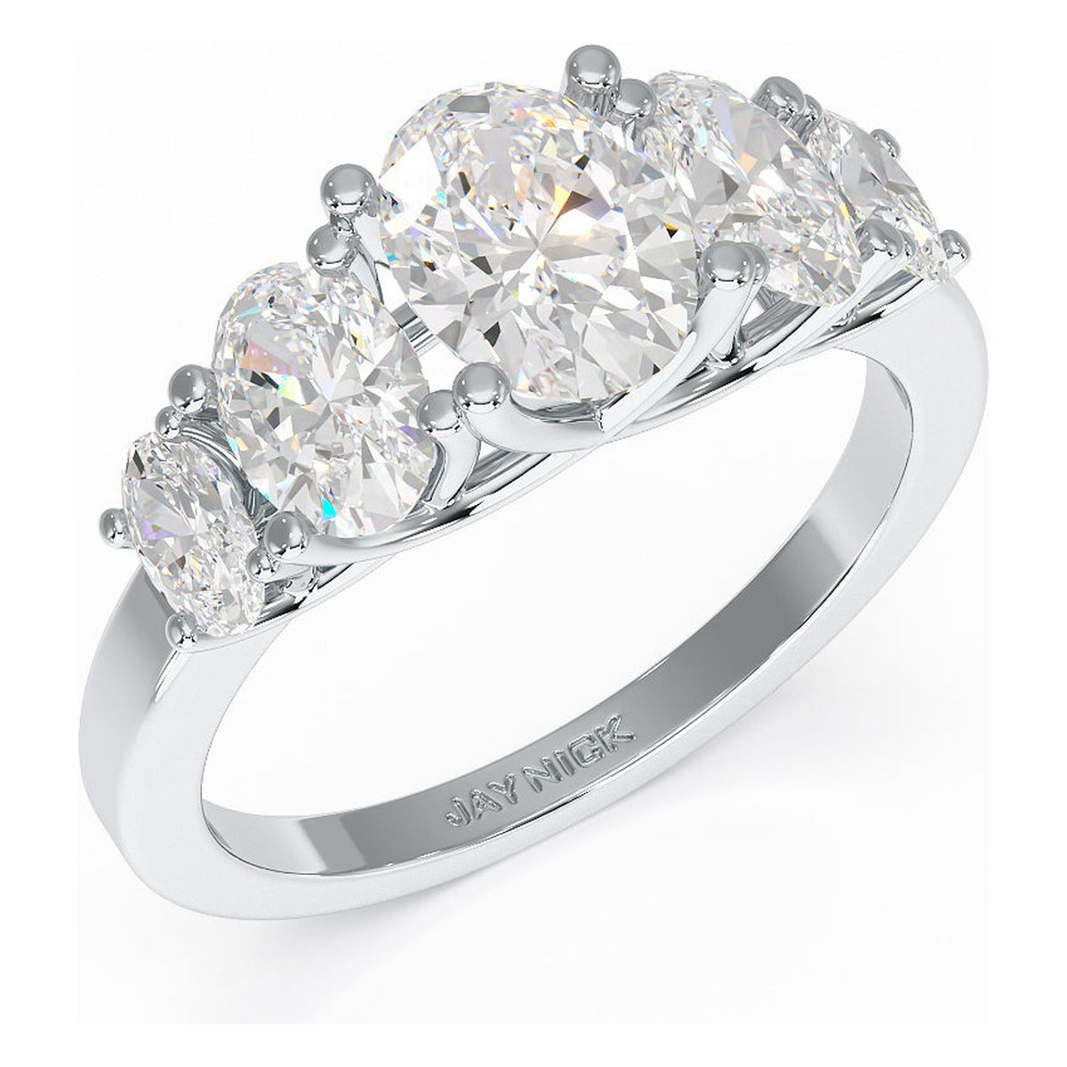 Oval Cut Five Stone Graduated Ring in white gold or platinum, perspective view