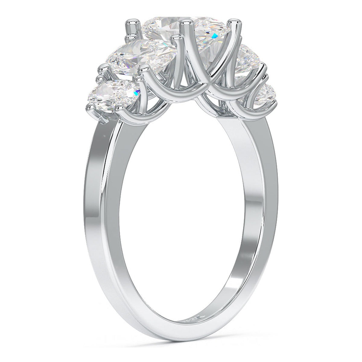 Oval Cut Five Stone Graduated Ring in white gold or platinum, side view
