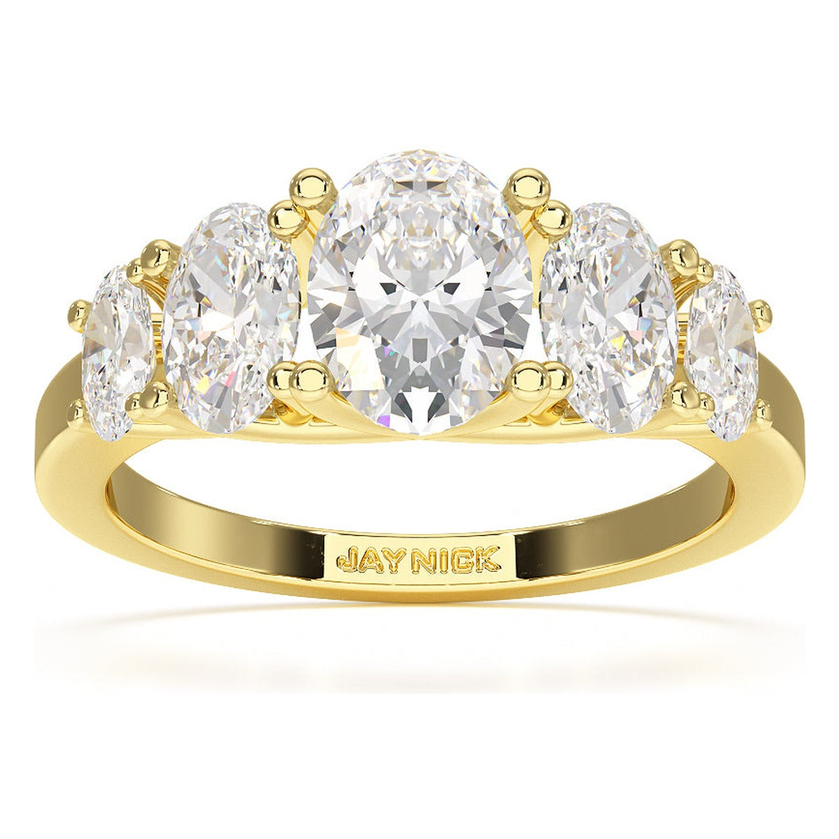 Oval Cut Five Stone Graduated Ring in yellow gold, top view
