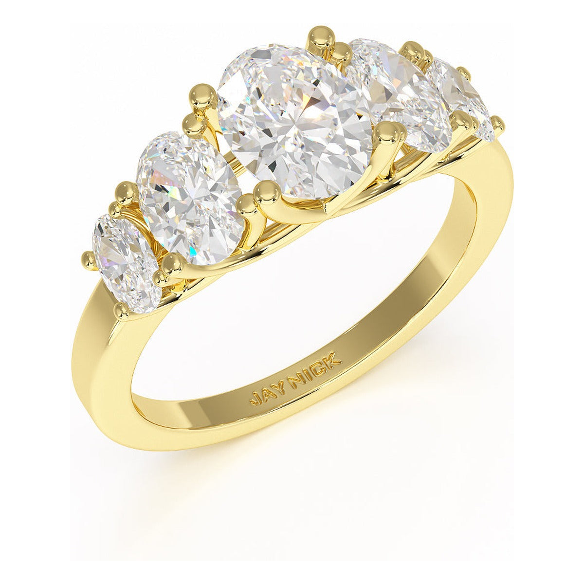 Oval Cut Five Stone Graduated Ring in yellow gold, perspective view