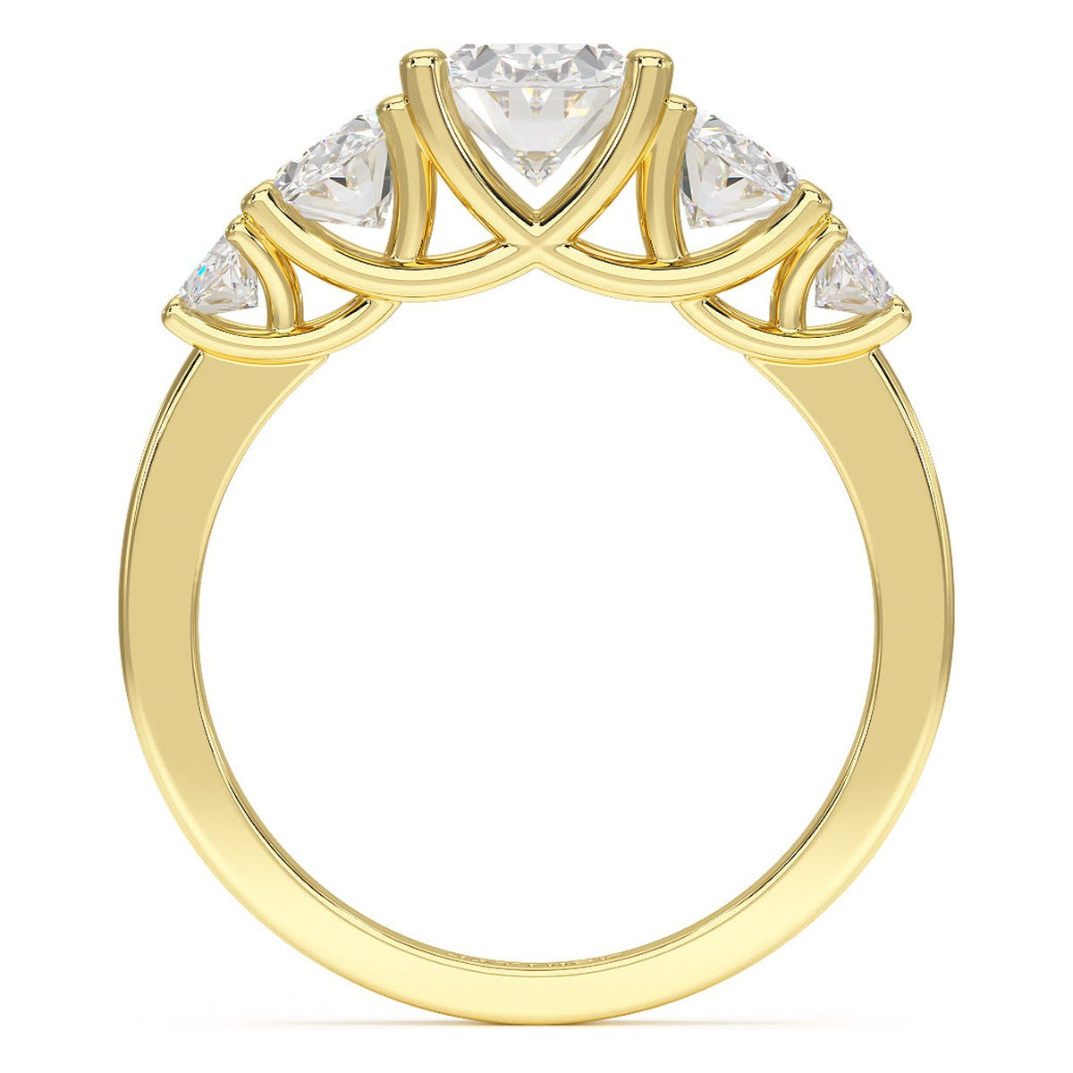 Oval Cut Five Stone Graduated Ring in yellow gold, flat view