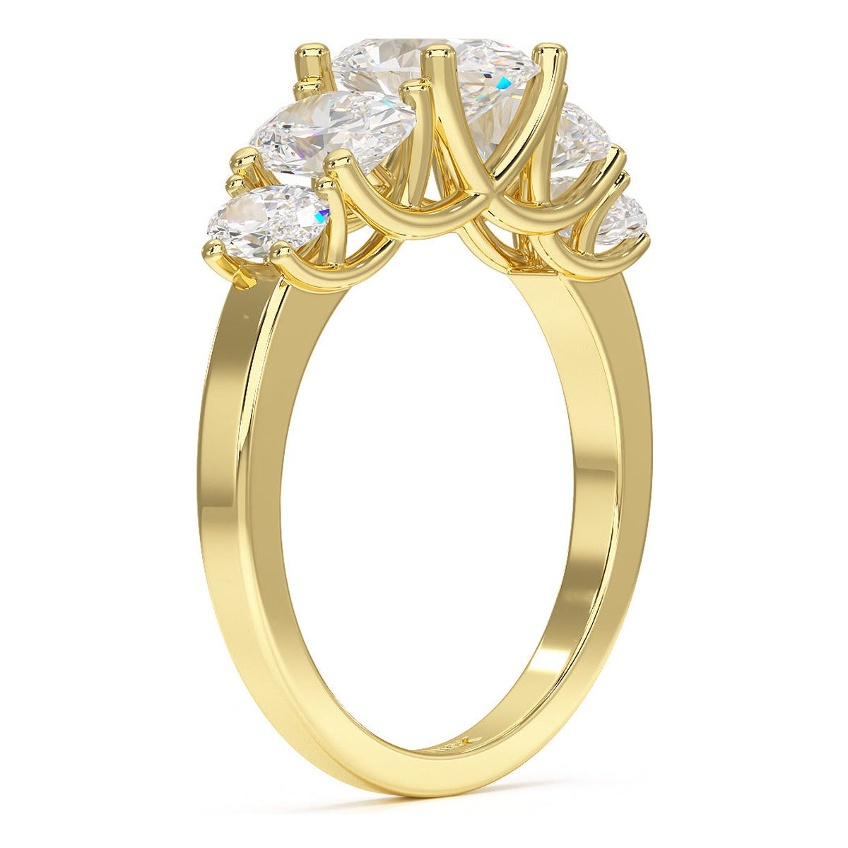 Oval Cut Five Stone Graduated Ring in yellow gold, side view