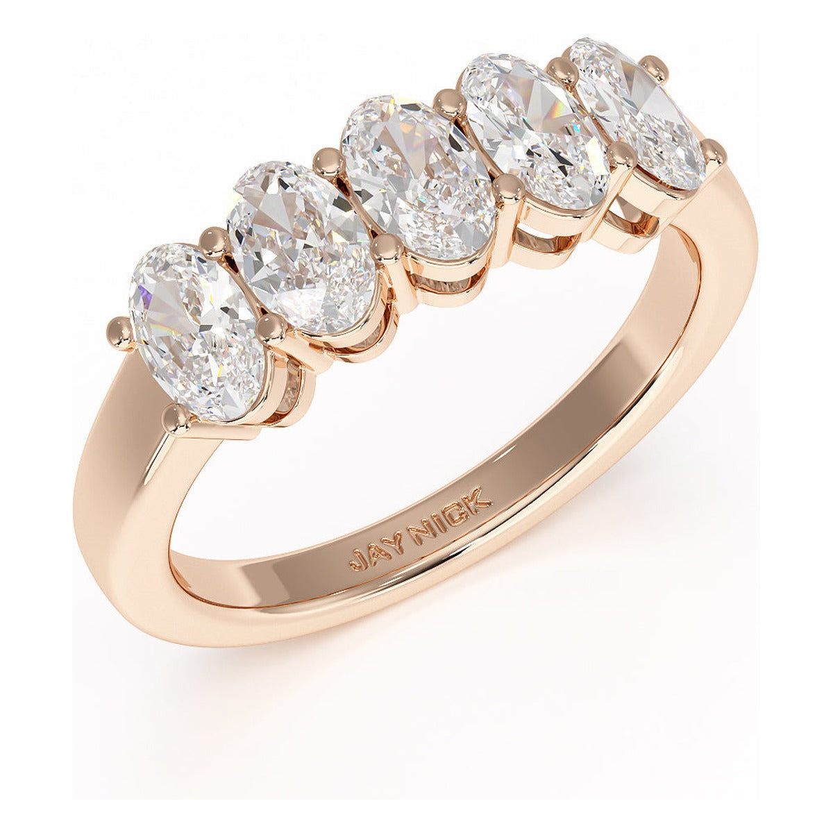 Oval Cut Five Stone Ring in rose gold, perspective view