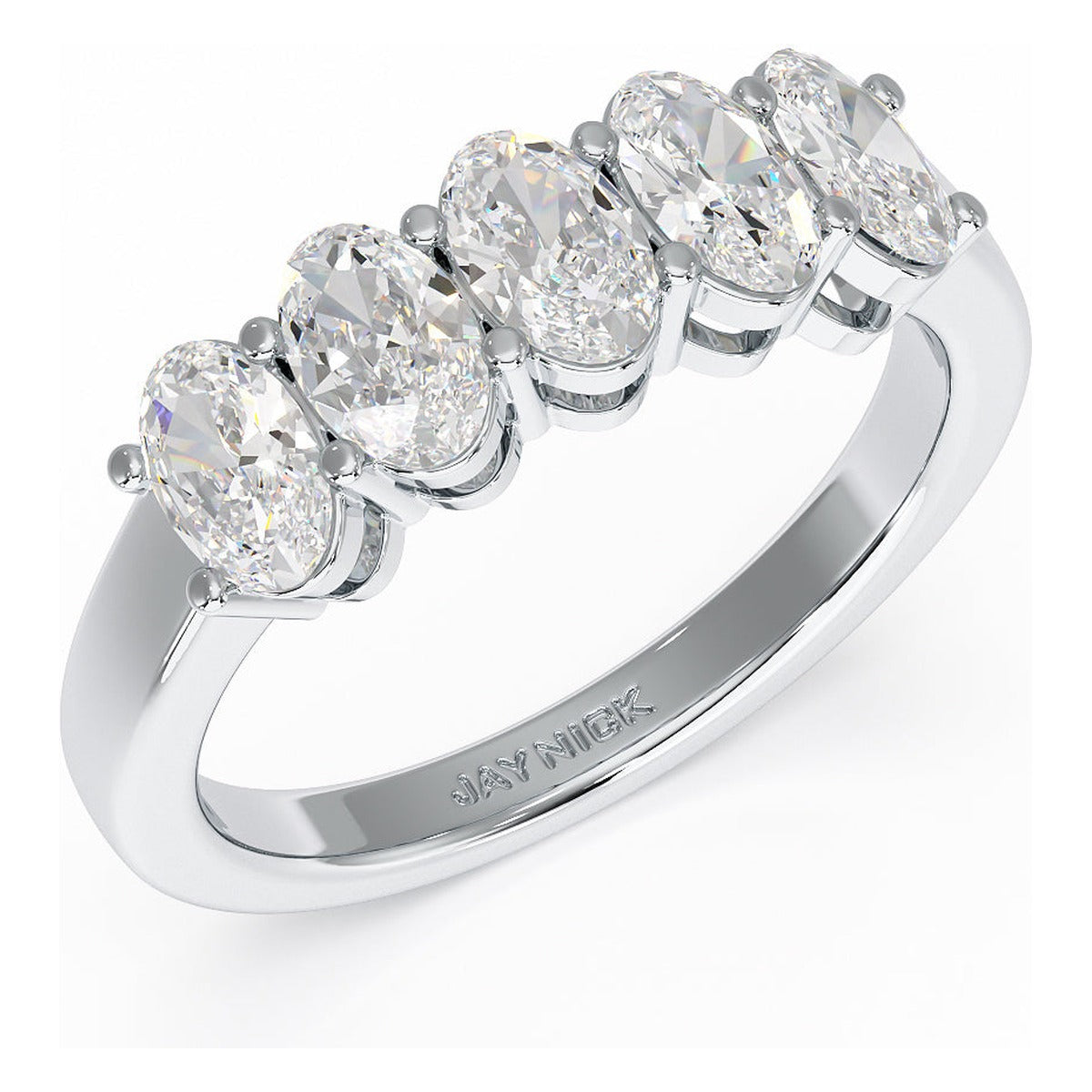 Oval Cut Five Stone Ring in white gold or platinum, perspective view
