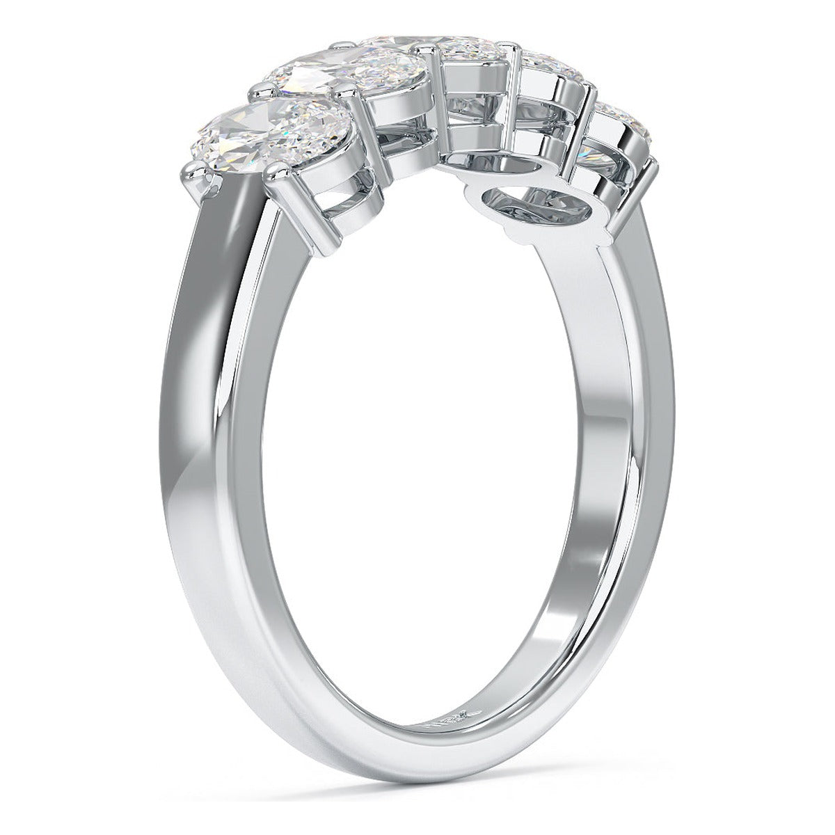 Oval Cut Five Stone Ring in white gold or platinum, side view