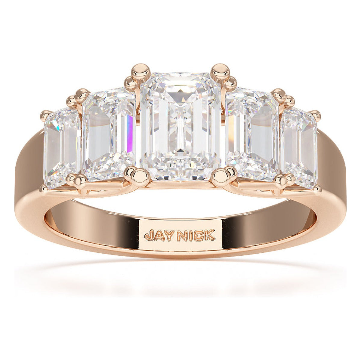 Emerald Cut Five Stone Graduated Ring in rose gold, top view