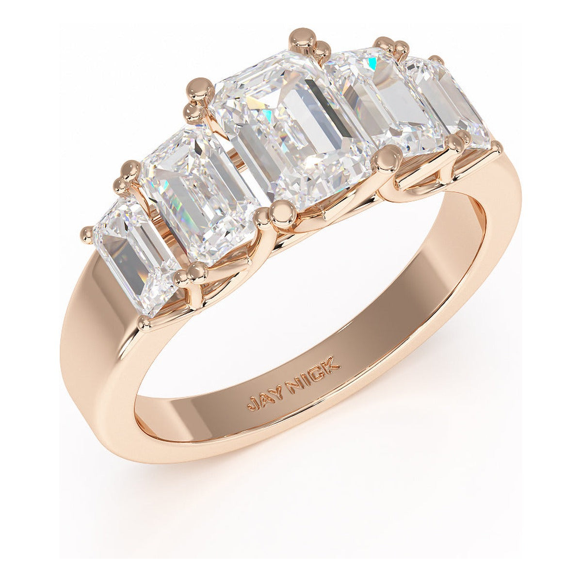 Emerald Cut Five Stone Graduated Ring in rose gold, perspective view