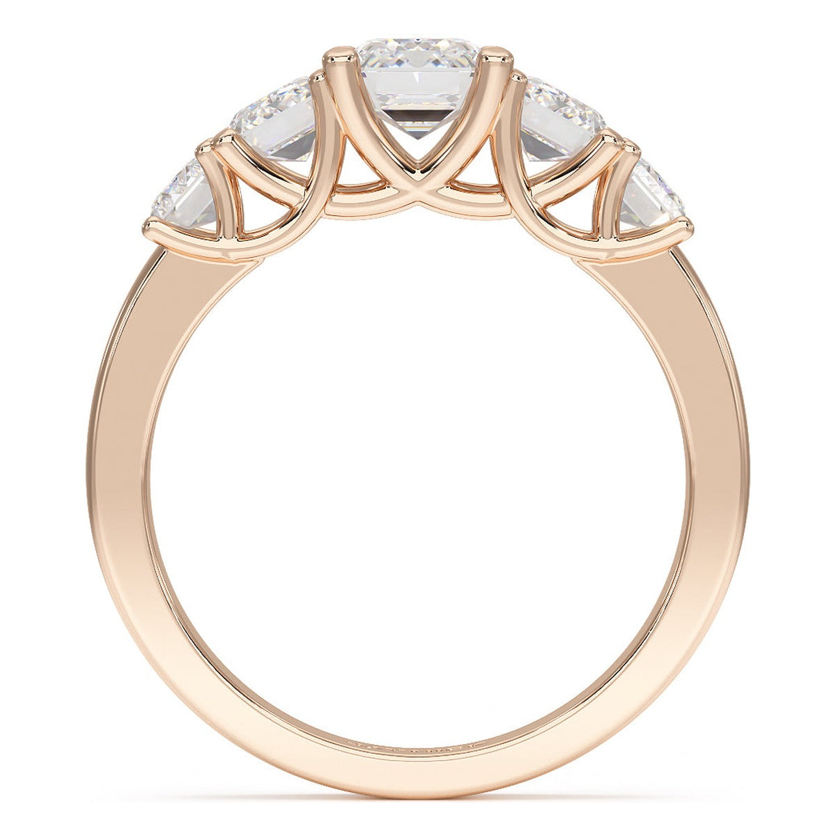 Emerald Cut Five Stone Graduated Ring in rose gold, flat view
