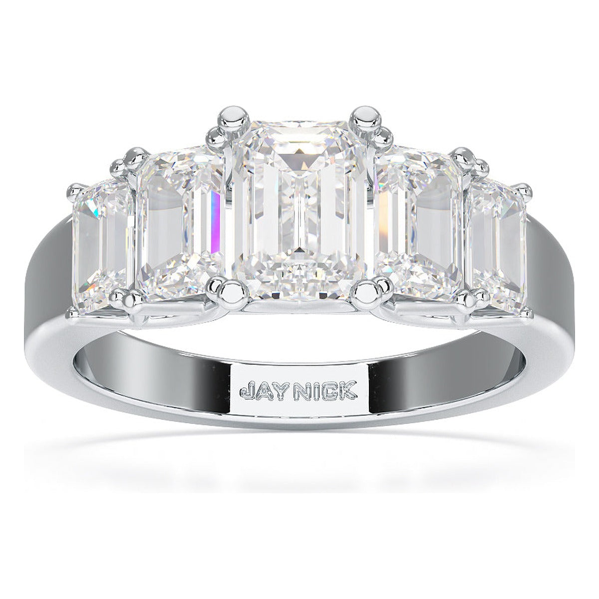 Emerald Cut Five Stone Graduated Ring in white gold or platinum, top view
