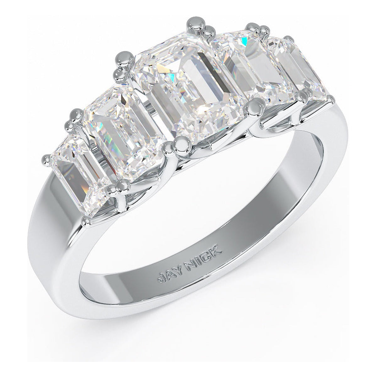 Emerald Cut Five Stone Graduated Ring in white gold or platinum, perspective view