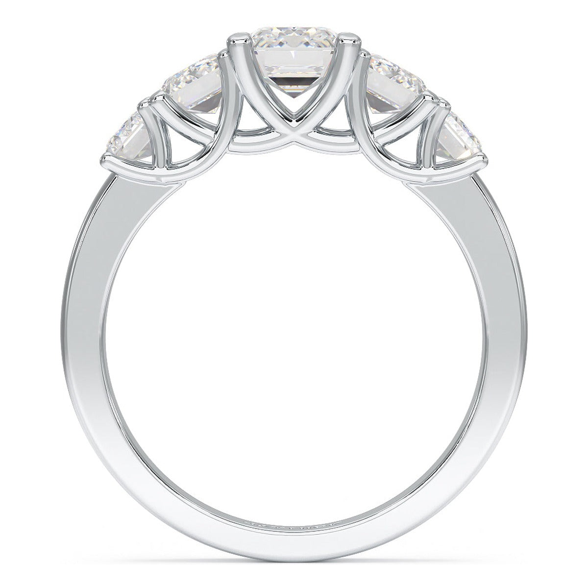 Emerald Cut Five Stone Graduated Ring in white gold or platinum, flat view