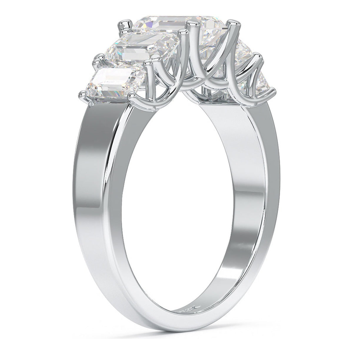 Emerald Cut Five Stone Graduated Ring in white gold or platinum, side view