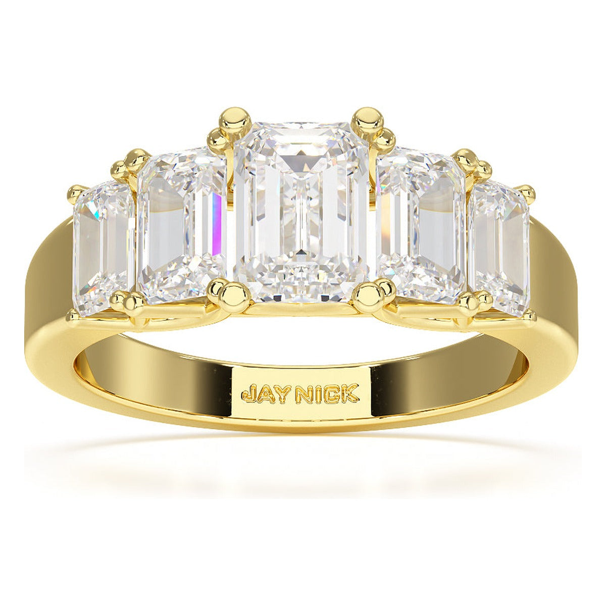 Emerald Cut Five Stone Graduated Ring in yellow gold, top view