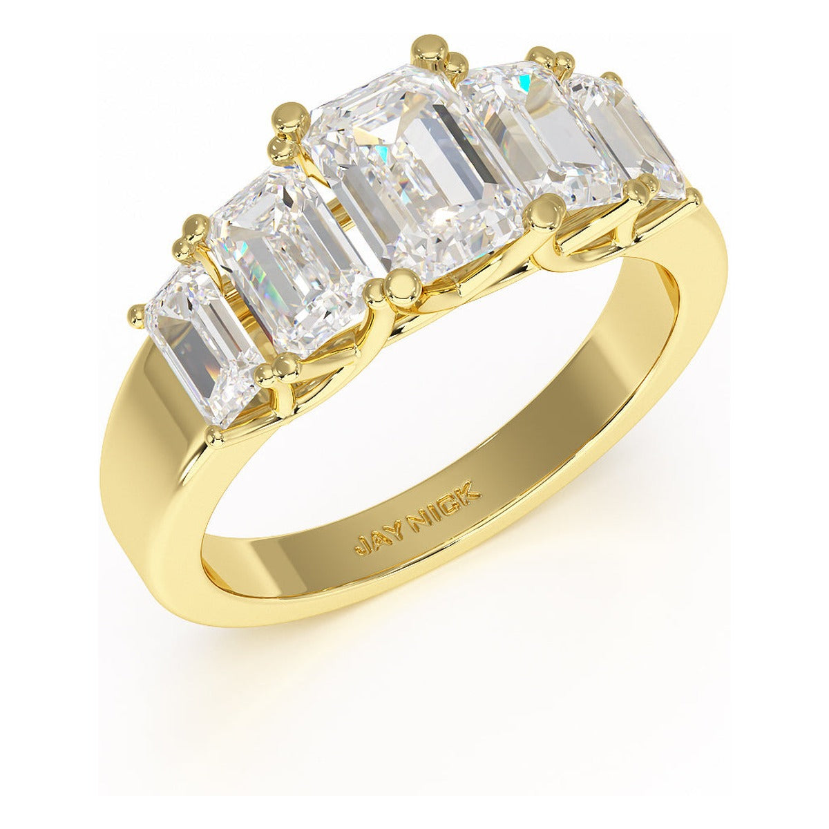 Emerald Cut Five Stone Graduated Ring in yellow gold, perspective view