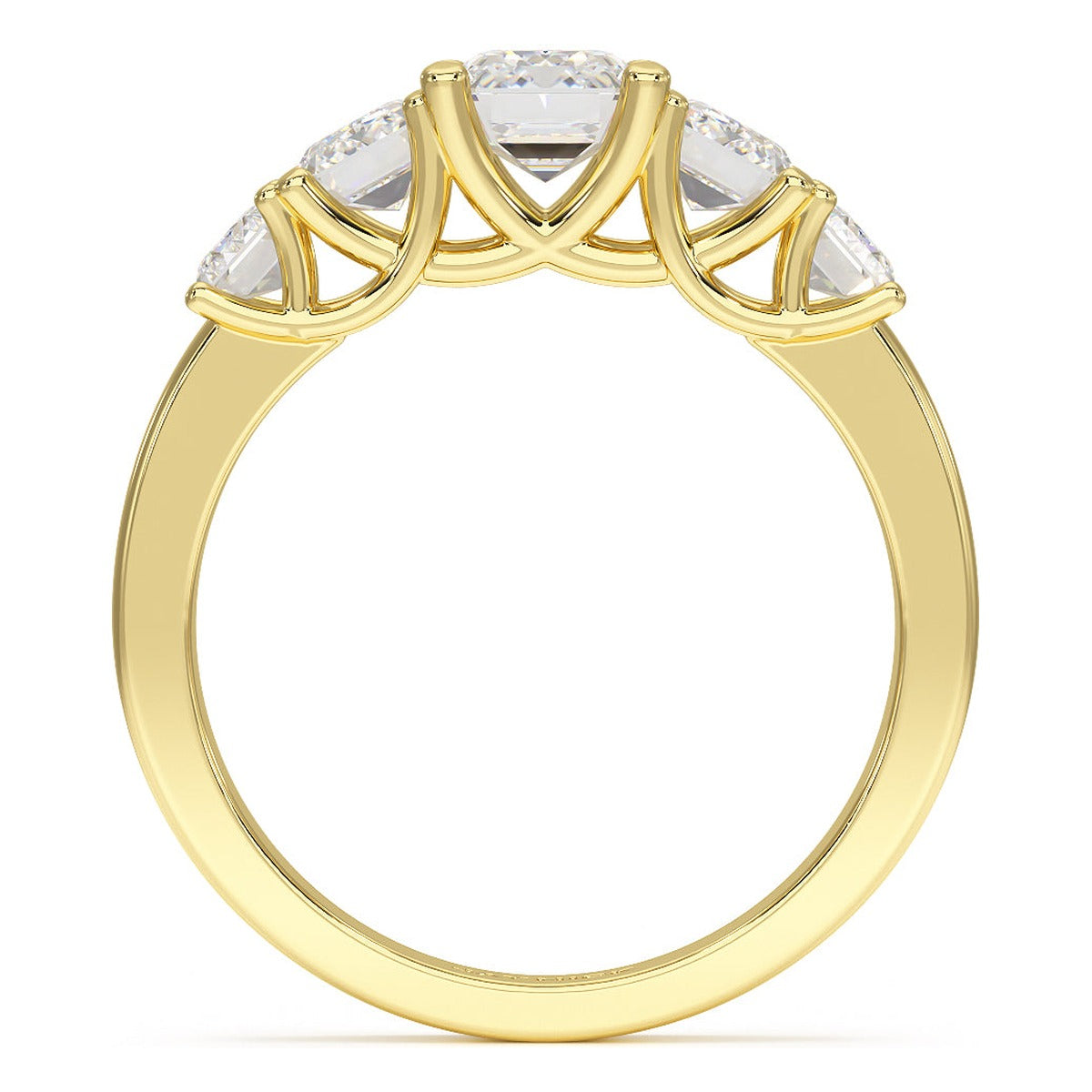 Emerald Cut Five Stone Graduated Ring in yellow gold, flat view