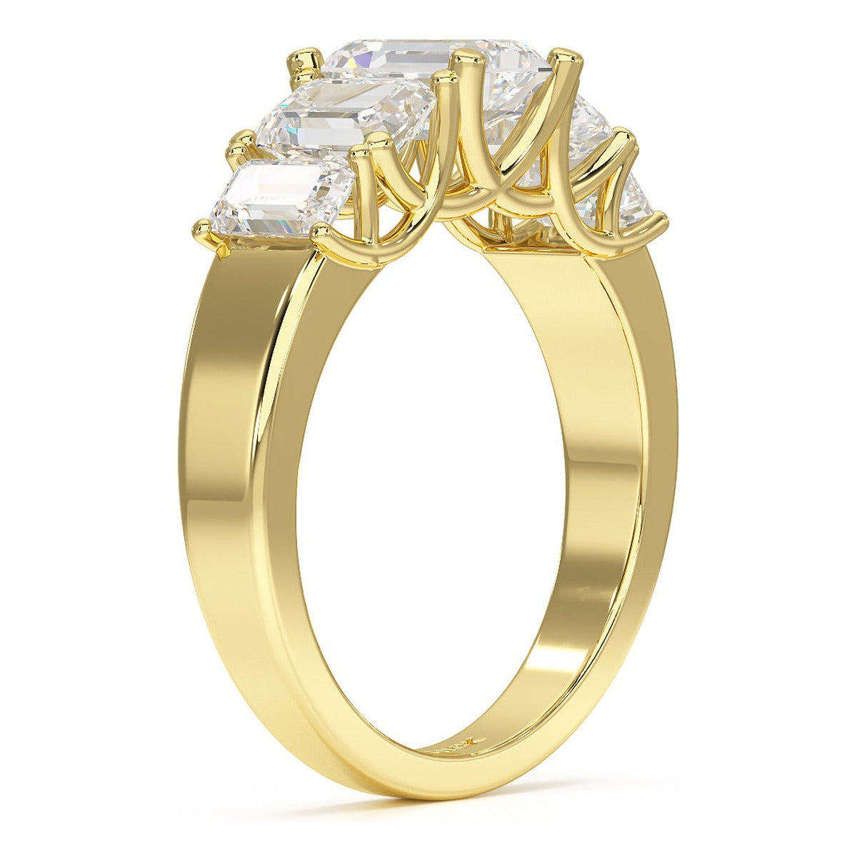 Emerald Cut Five Stone Graduated Ring in yellow gold, side view