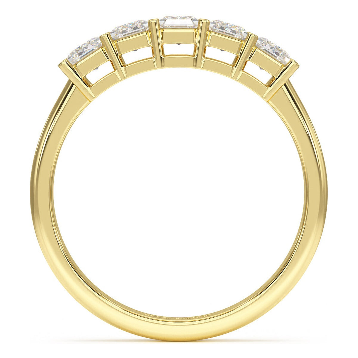 Emerald Cut Five Stone Ring in yellow gold, flat view