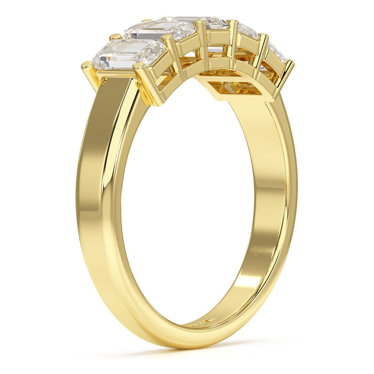 Emerald Cut Five Stone Ring in yellow gold, side view