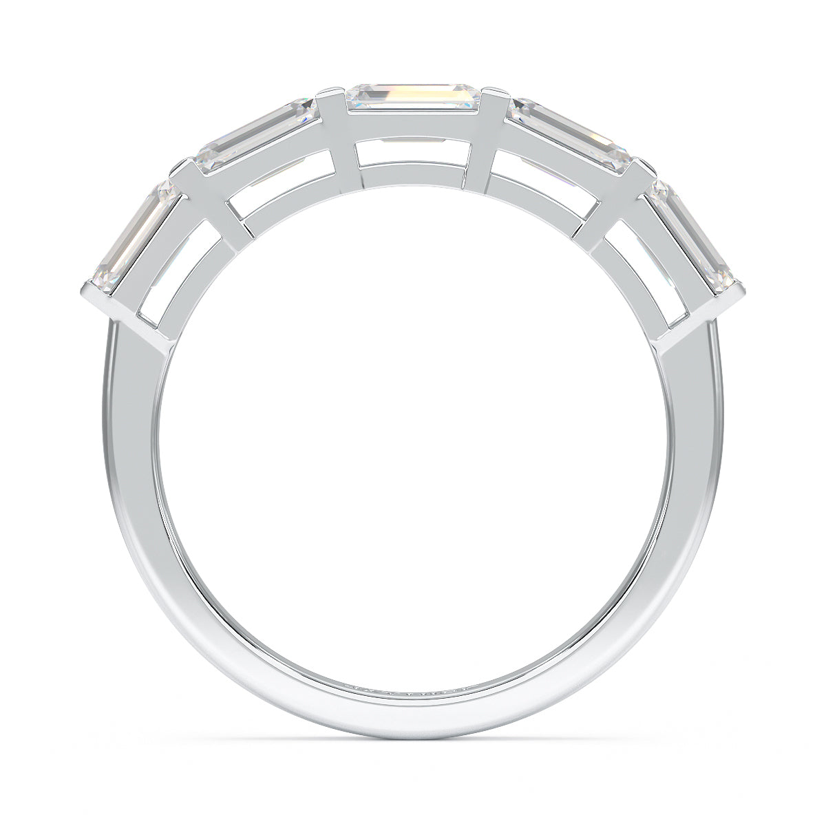 Horizontal Set Emerald Five Stone White Gold Platinum Ring Flat View