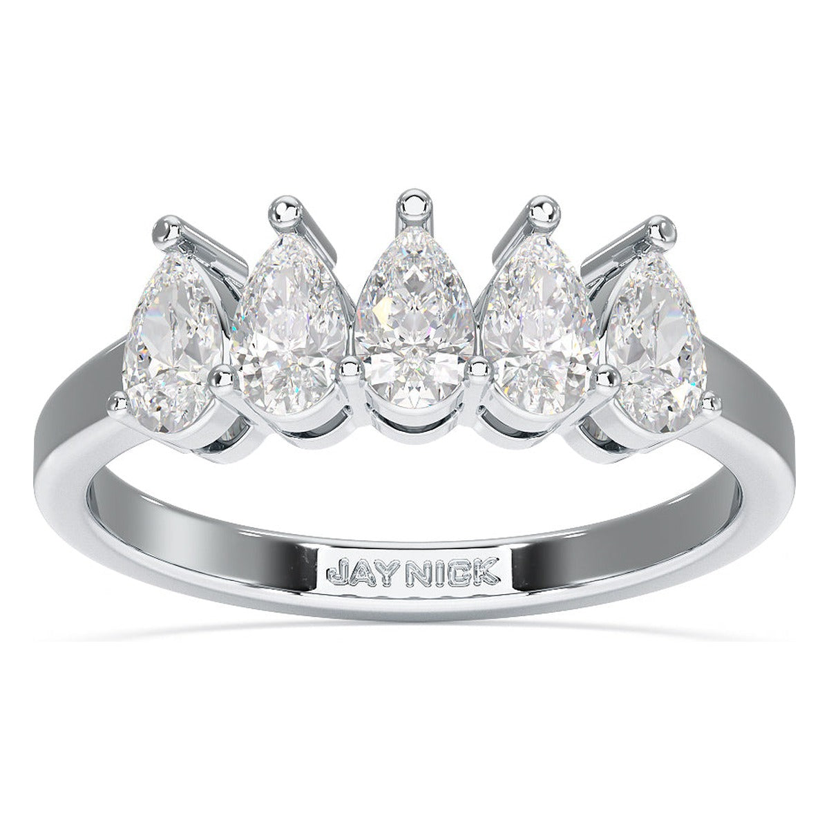 Pear Cut Five Stone Ring in white gold or platinum, top view