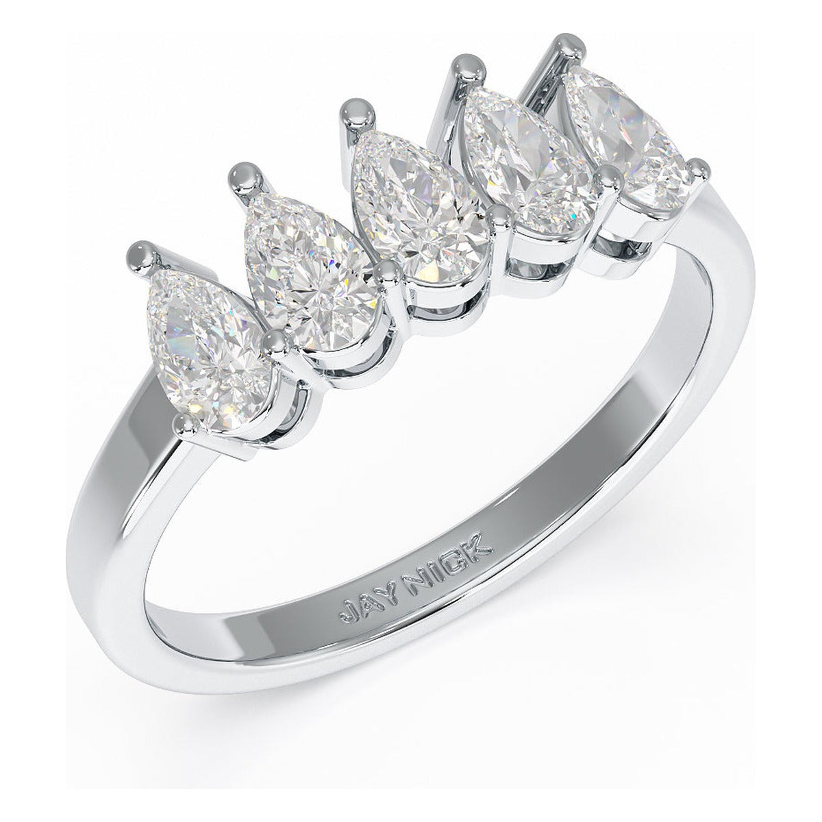 Pear Cut Five Stone Ring in white gold or platinum, perspective view