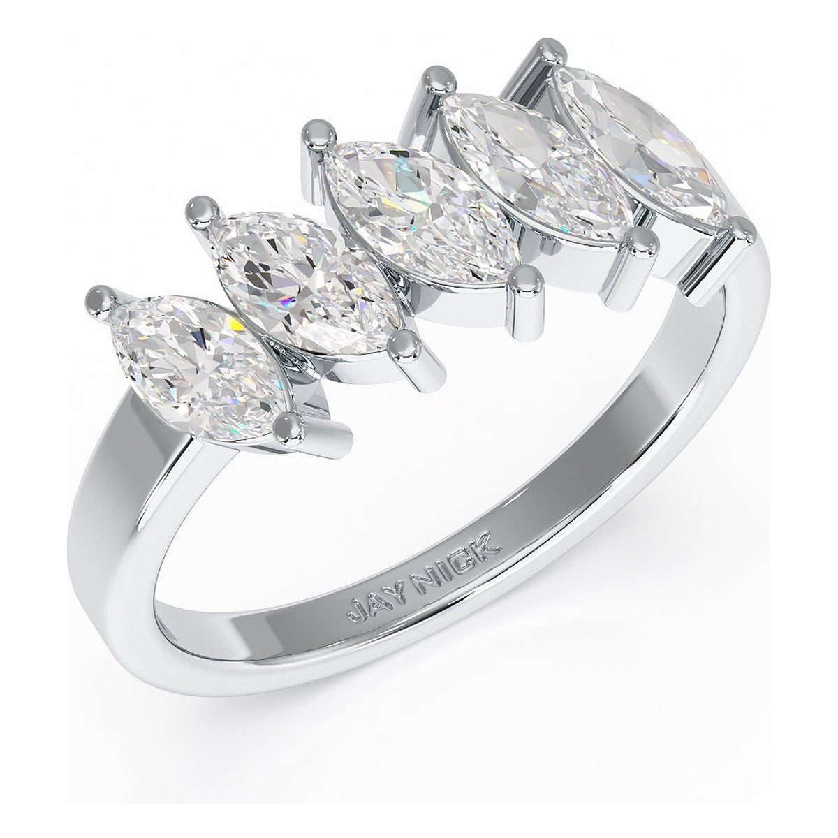 Marquise Cut Five Stone Ring in white gold or platinum, perspective view