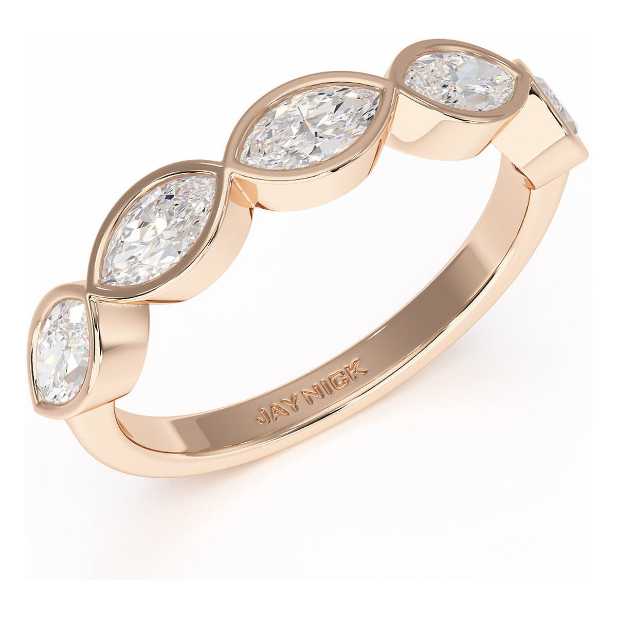 Marquise Cut Bezel Set Five Stone Ring in rose gold, perspective view