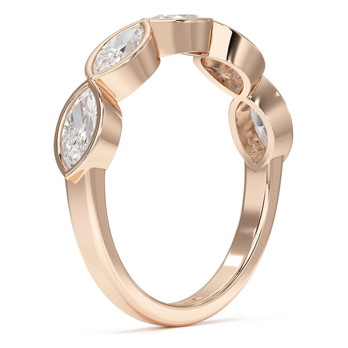 Marquise Cut Bezel Set Five Stone Ring in rose gold, side view