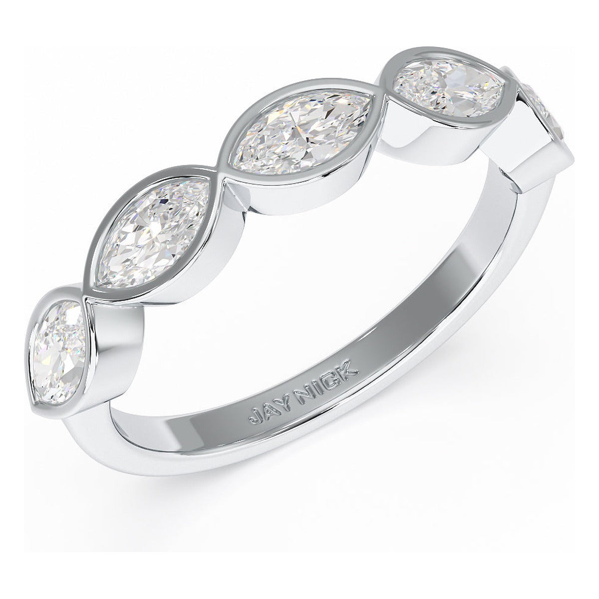 Marquise Cut Bezel Set Five Stone Ring in white gold or platinum, perspective view