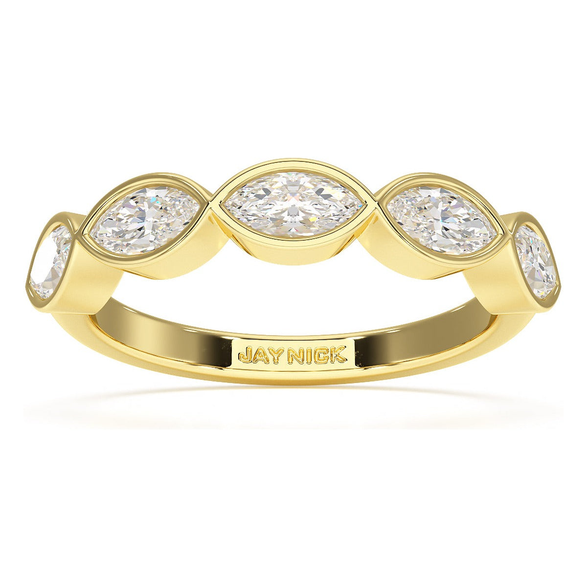 Marquise Cut Bezel Set Five Stone Ring in yellow gold, top view