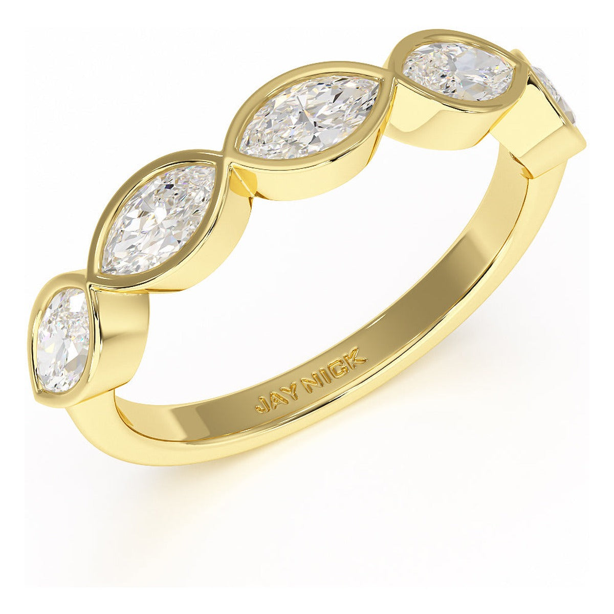 Marquise Cut Bezel Set Five Stone Ring in yellow gold, perspective view