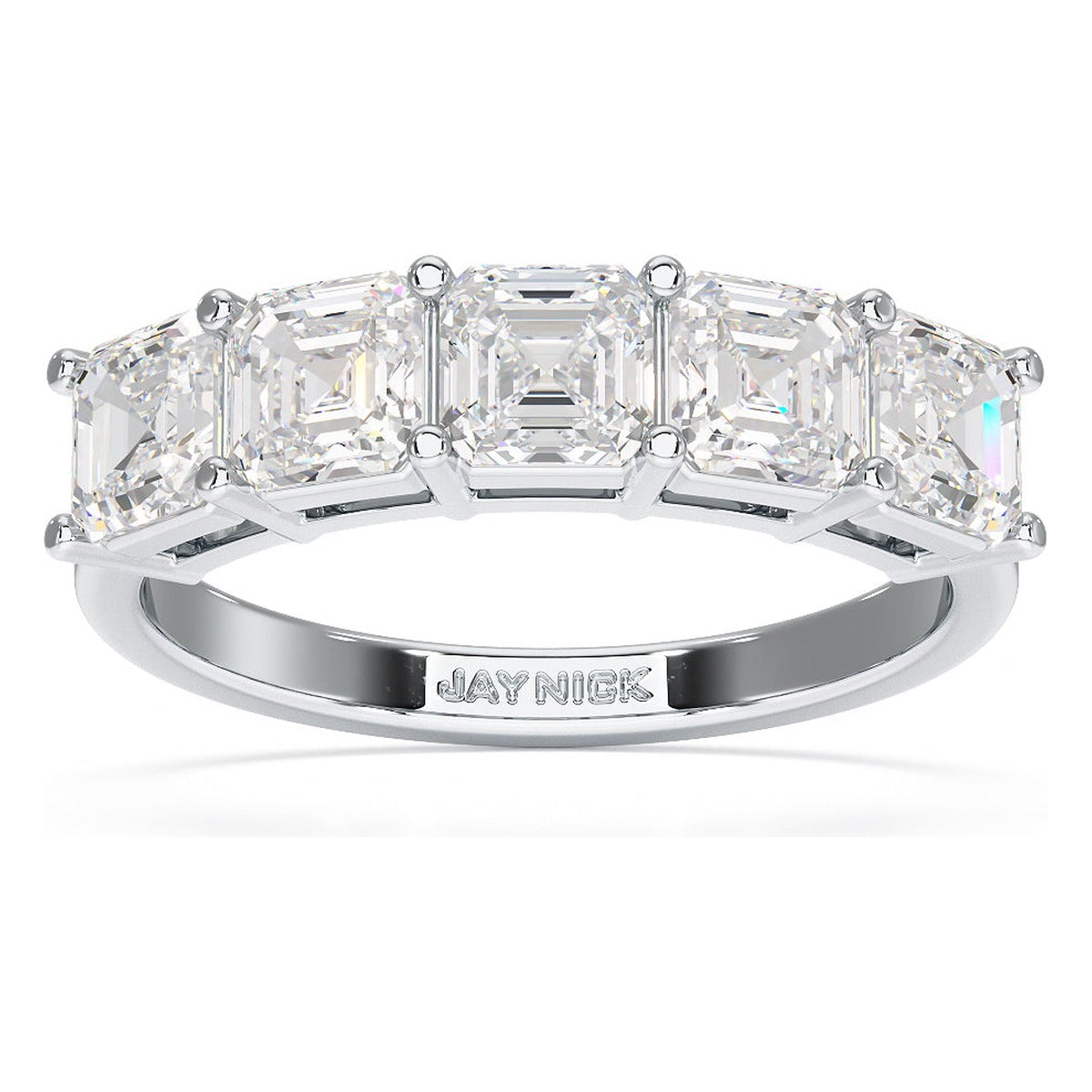 Asscher Cut Five Stone Ring in white gold or platinum, top view