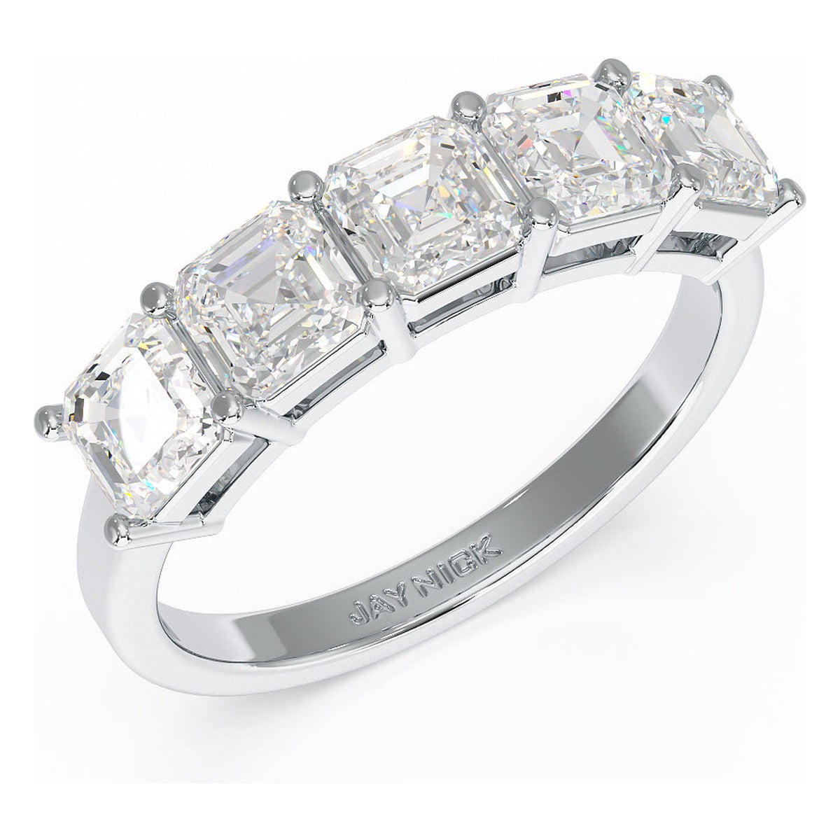 Asscher Cut Five Stone Ring in white gold or platinum, perspective view