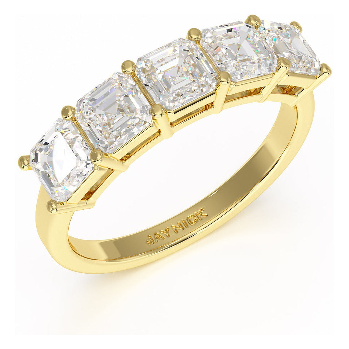 Asscher Cut Five Stone Ring in yellow gold, perspective view