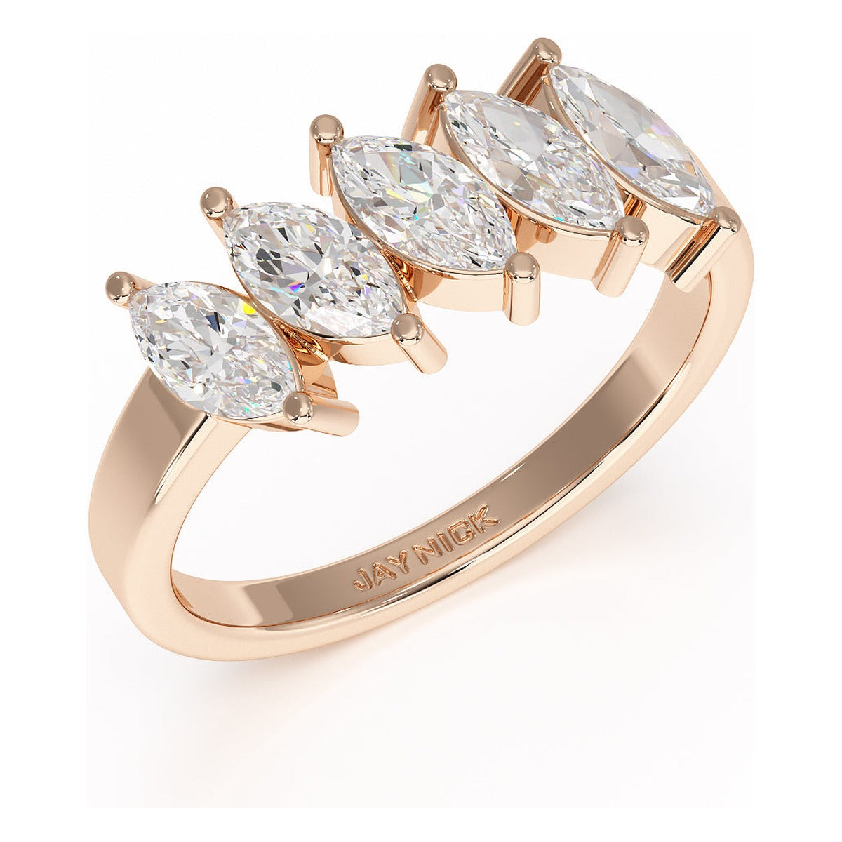 Marquise Cut Five Stone Ring in rose gold, perspective view